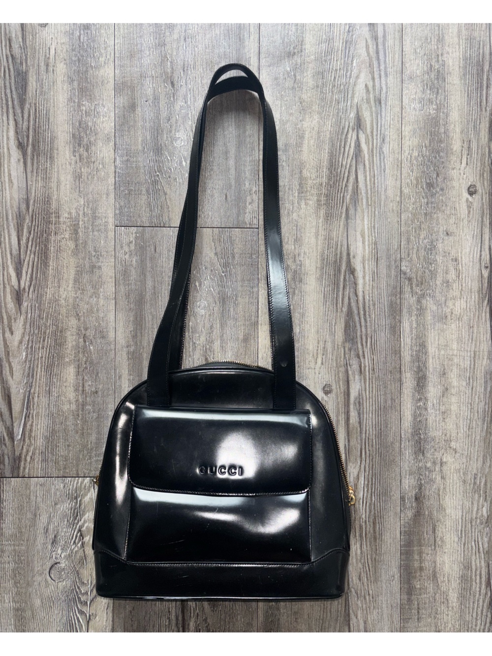 Gucci Black Patent Leather Messenger Tote